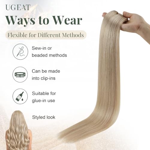 Image of Ugeat Weft Hair Extensions Human Hair, Hair Extensions Sew in 20 Inch 100g, Sew in Extensions Softness, Ash Blonde Highlights Medium Blonde