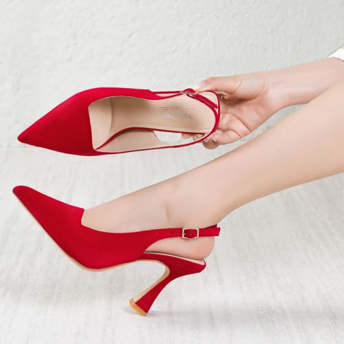 Image of Susanny Slingback Kitten Heels Elegant Dressy Pumps for Women Closed Pointy Toe Sexy Chunky High Heels Wedding Bride Prom Party Dress Shoes