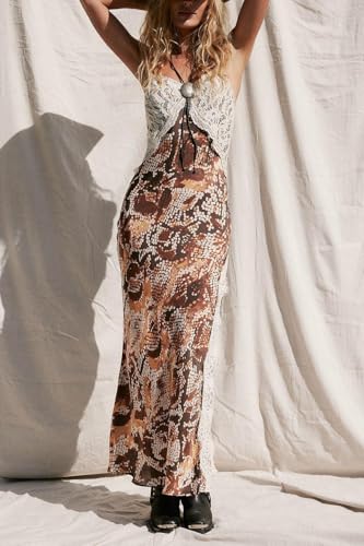 Women Vintage Floral Print Spaghetti Strap Lace Patchwork V Neck Maxi Dress Boho Bodycon Dresses Side Slit Beach (Light Brown, M)