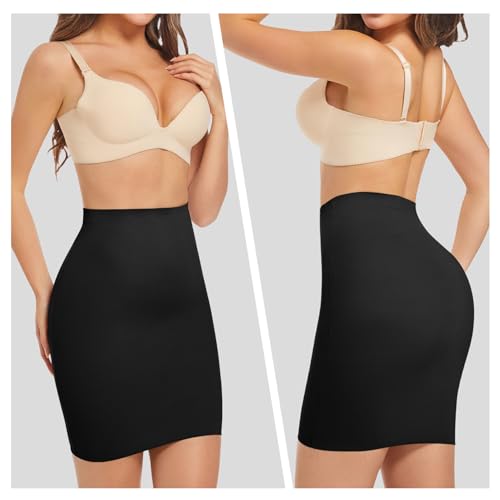ONEW Bauchweg Shapewear Unterrock Damen Nahtlose Hoch Taillen Halbrock Taillentrainer Miederrock Body Shaper Shaping Half Slip Schwarz L
