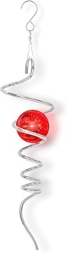 Gazing Ball Spiral Tail Spinfinity Wind Spinner, 13 Inch Stainless Steel with Hanging 360 Swivel Hook, Red Crystal Glass Orb Captivating Visual Illusion Spinning for Garden Yard Patio Decor Gift