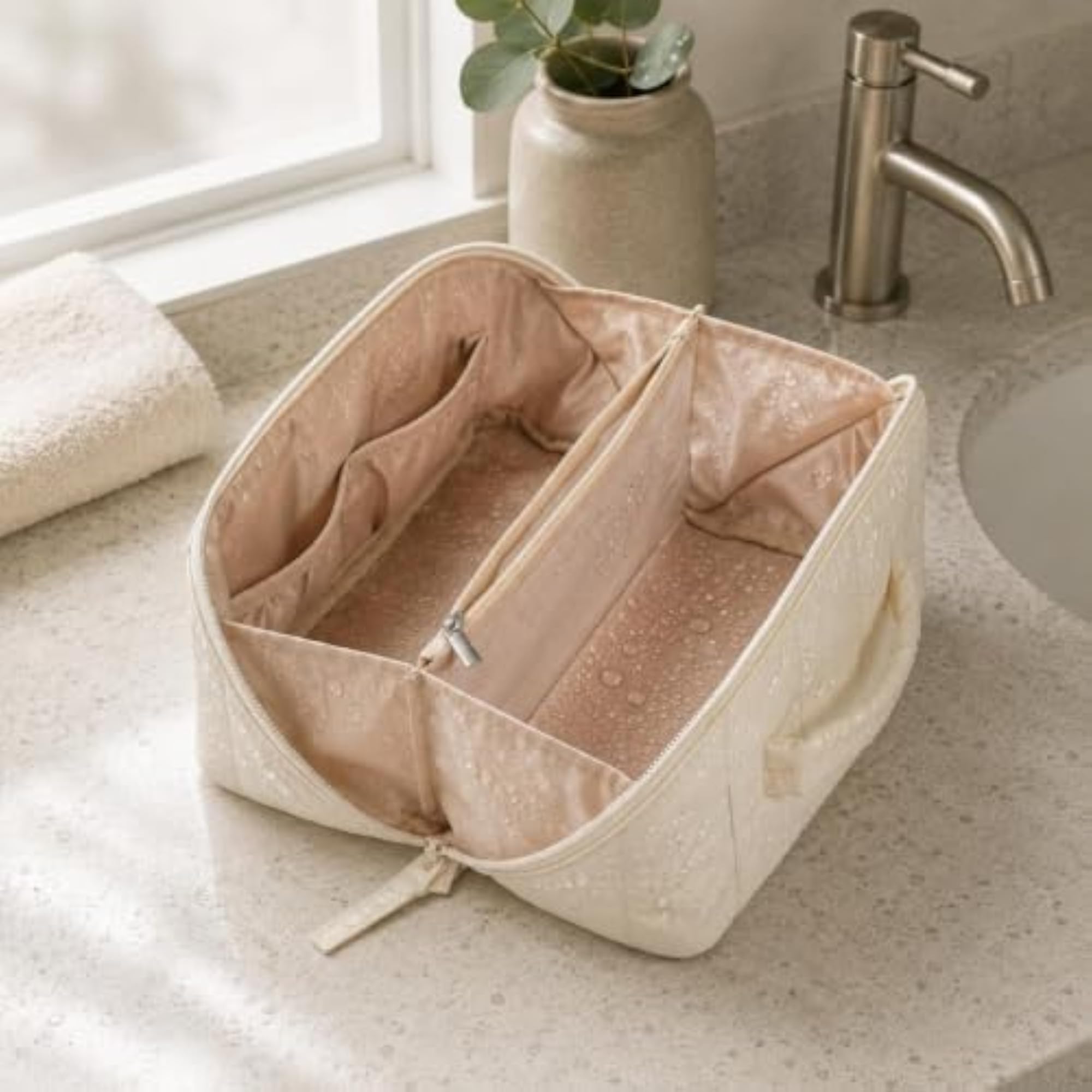 Divided Interior Padded Quilted Cosmetic Bag, Black