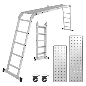 Cecaylie Scala multiuso da 5,8 m, 4 x 5 m, scala da lavoro 7 in 1, in alluminio, 2 piastre e 2 ruote, 20 gradini, fino a 150 kg