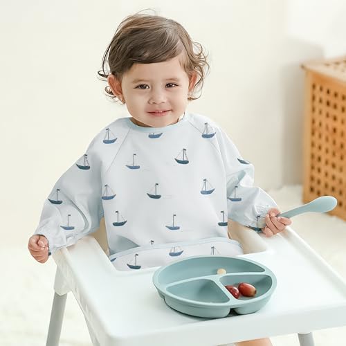 Image of Susurration Baby Long Sleeve Bib Waterproof Sleeved Bib Smock for Baby | 2 Pack Baby Reusable Feeding bibs, 6-36 Months Baby Feeding Essentials - Blue Boat