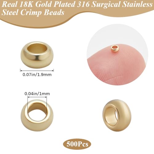 Beebeecraft 1 Box 500Pcs Crimp Beads 18K Gold Plated 316 Stainless Steel Loose Spacer Stoppers Crimping Tube Spacers Cord End Caps for DIY Jewelry Making(Hole: 1mm) - Image 2