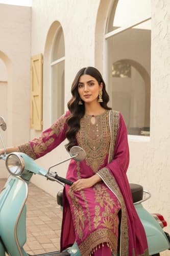 Image of Amazon Brand - Tavasya Womens Ethnic Motifs Embroidered Kurta Pant Set With Designer Long Dupatta