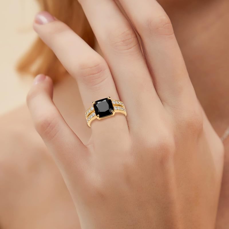 10K 14K 18K Gold Cushion Black Onyx Engagement Ring for Women with Moissanites/Diamonds Natural Black Onyx Promise Ring Size 3-16