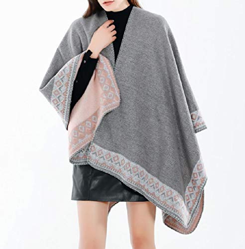 HEFASDM cardigã feminino com poncho de caftan reversível, quente, xale assimétrico, Cinza, One Size