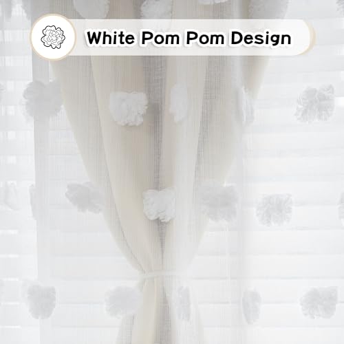 Image of MYSKY HOME Beige Curtains for Bedroom 63 Inch Long Double Layer Curtains for Kids Room Kithen Beige Pom Pom Sheer Nursery Curtains Grommet Room Darkening Window Curtains 2 Panels Set, 52 x 63 Inch
