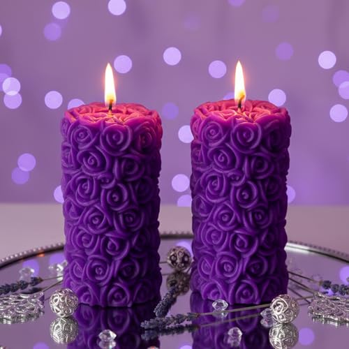 Image of Rose Pillar Candle, Purple Colour with Lavender Fragrance, Smokeless Designer Decorative Candle Set for Home Decor, Diwali & Festive Gifting (5.5 x 10.5 cm, 12hrs)