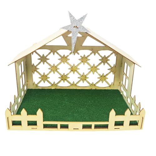 Excel Impex Decorative Christmas Decoration Wooden Crib Stable with Glitter Star Topper, Green Turf Base, 40 x 30 x 25 cm