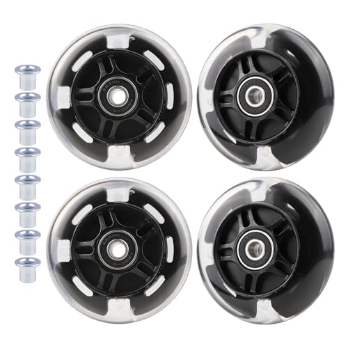 WHEELGOO 4-Pack PU Inline Skate Wheels Flashing Wheels Replacement w/Bushings for Kids Youth Children's Roller Skates (Black, 80mm)