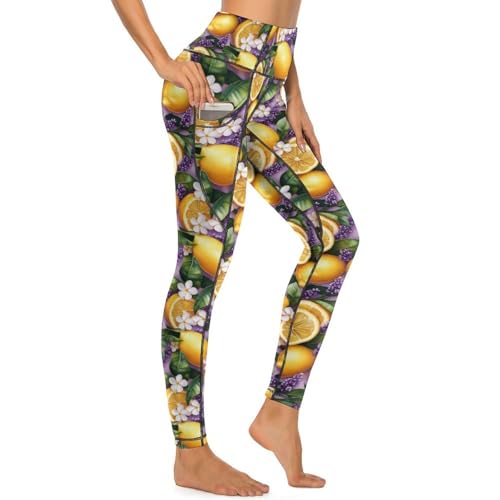 Legging imprimé lavande citron avec poches latérales et taille haute