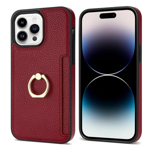 Coque portefeuille iPhone 15 Pro Max en cuir rouge à bague porte-carte intégrée