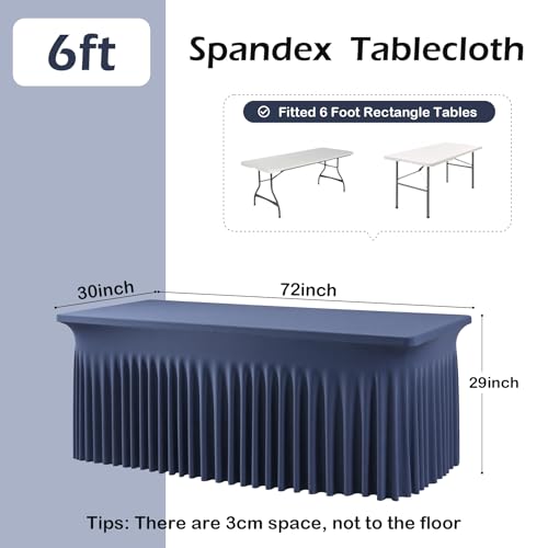 Image of 4 pk Navy Blue Spandex Tablecloth 6ft with Ruffled Skirt, Wrinkle Free High Stretch Fitted Tablecloths for 6 Foot Rectangle Tables, Elastic Navy Spandex Table Covers 6 ft for Graduation Wedding Party