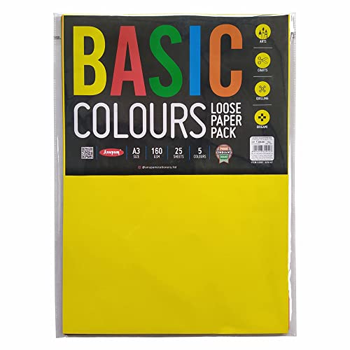 Image of Anupam A3 Basic Colour Loose Paper 160gsm 5 Colors Paper for Arts, Crafts, Quilling, Origami (25 Sheet)