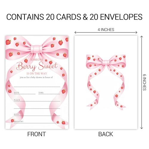 ZYQFN 20 Berry Sweet Baby Shower Invitations, Strawberry Theme Invite Cards with Envelopes, 4x6 Inch Pink Bow Baby Shower Invites for Girl. (047) - Thumbnail 3