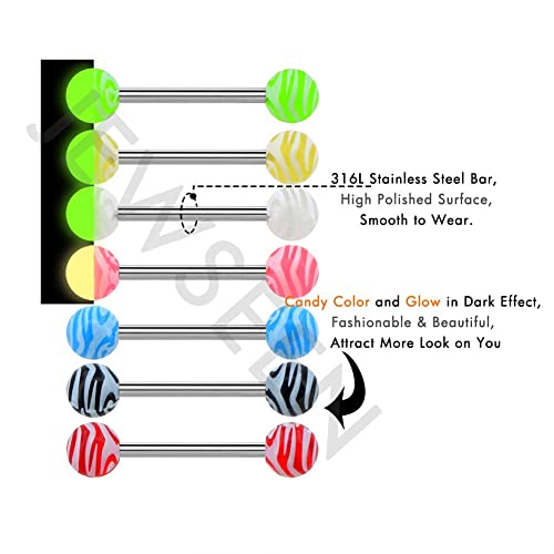 Jewseen 7Pcs 14G 316L Stainless Steel Tongue Bars Candy Color Tongue Piercings Glow in The Dark Tongue Barbell2