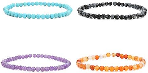 BALIBALI 4MM Mini Gemstone Energy Bracelets Tiny Bracelet Natural Stone Statement Bracelet Charm Beaded Couples Bracelets (4 colors set B)