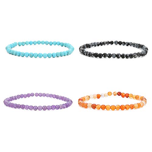 Balibali 4Mm Mini Gemstone Energy Bracelets Tiny Bracelet Natural Stone Statement Bracelet Charm Beaded Couples Bracelets (4 Colors Set B) #TOP12