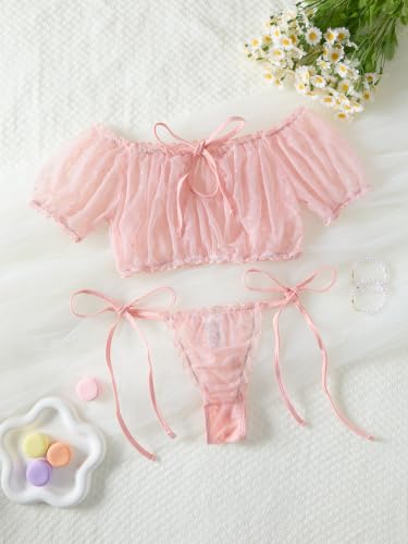 Image of Lilosy Sexy Stretch Ruffle Tie Sheer Mesh Lingerie Set Outfits