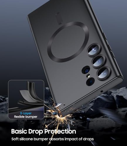 Image of DIZORO Samsung S24 Ultra case Compatible with Mag Safe Matte Luxury Metallic Luster Flexible TPU Shockproof Back Cover with Camera Protector Lens - New Black