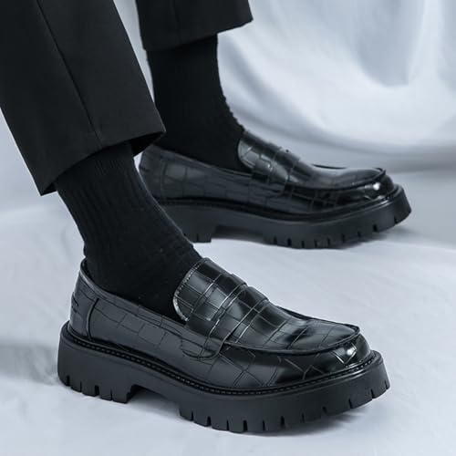 Men's Crocodile - Embossed Upper Loafers, Classic Round - Toe, Chunky - Heel, Slip - on Design and Glossy - Surface Business Casual Formal Shoes2