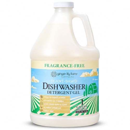 Ginger Lily Farms Plant-Based Dishwasher Detergent Gel, Fragrance-Free, 1 Gallon (128 Fl Oz) Refill,...