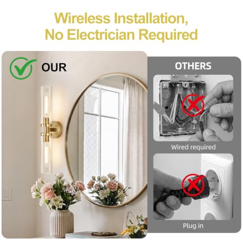 Image of Battery Operated Wall Sconces Set of Two, Brushed Gold Wall Light fixtures with Wireless Remote Control,Rechargeable Dimmable Wall Sconces with 3000K Bulbs for Bathroom Mirror Living Room Bedroom