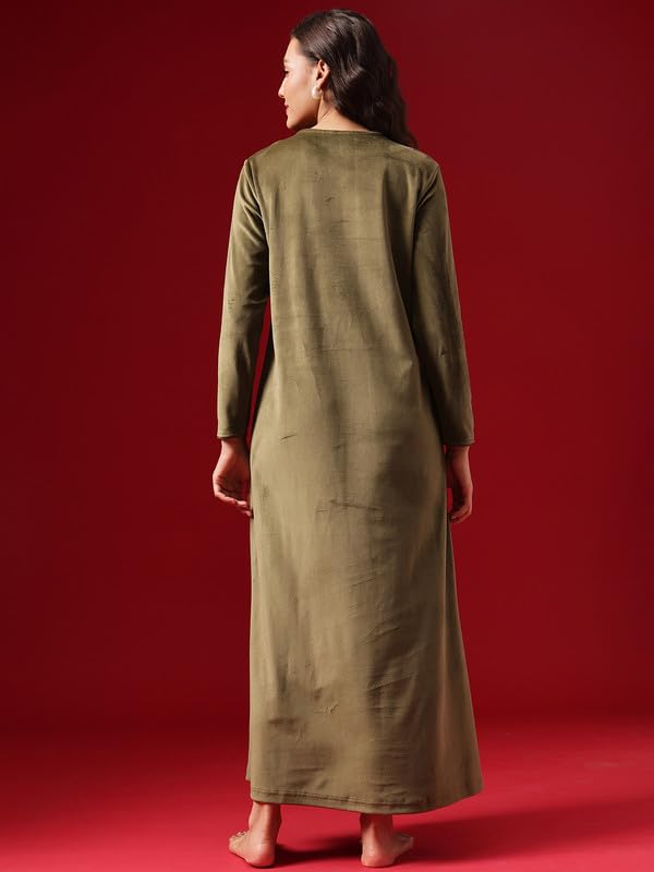 Image of Clovia Women's Velour Long Nighty - Green