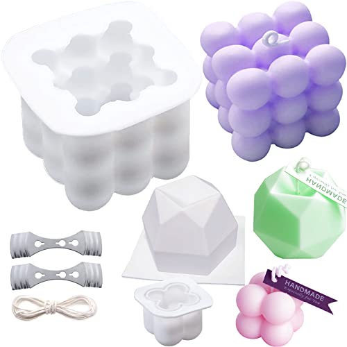 Tiruiya Moule en silicone anti-adhésif, moule à bougie en cire de soja faite à la main, moule à chocolat 3D, outils de cuisson pour savon, pudding, gâteau (3 moules en silicone + 3 accessoires) Cover