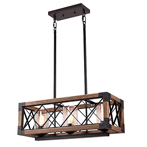 Giluta Kitchen Island Pendant Light Rectangle Wood Metal Chandelier Black Finish Rustic Industrial Chandelier Vintage Ceiling Light Fixture 3 Lights With Glass Shade (17809) #TOP1