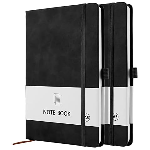 Lefute A5 Notebook, 2 Pack Notebook A5 200 Pages 100 GSM Journal Notebook Hardback Notepad with Bookmark, Pen Loop, and Elastic Closure (Black+Black) Cover