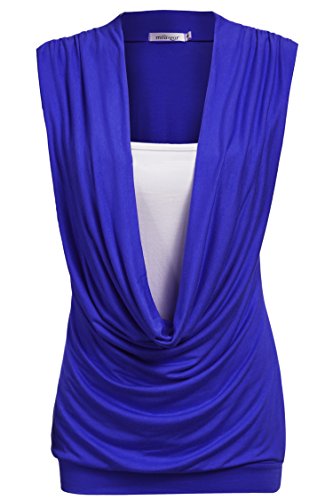 Meaneor Women's Cowl Neck Contrast Insert Sleeveless Stretch Vest T-Shirt Top (XL, Blue)