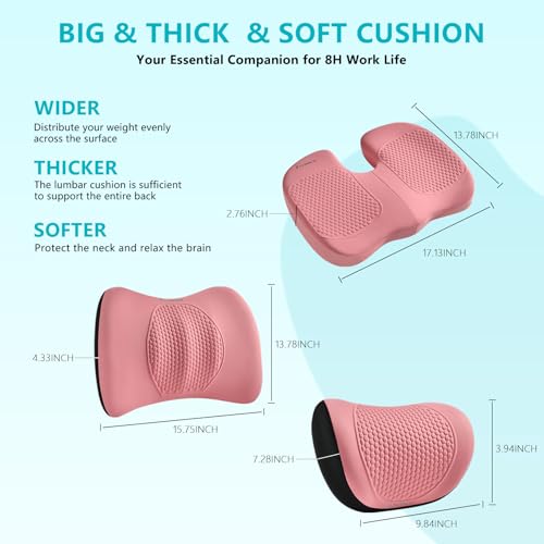 Image of FLORICH 3 PCS Seat Cushion for Carseat Lumbar Support Pillow Car Neck Headrest Pillows 100% Memory Foam Seat Pads Pressure Relief Back Cushion for Office Chair(Pink)