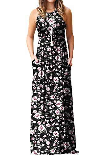 Image of EUOVMY Women's Sleeveless Dress Casual Plain Loose Summer Long Maxi Dresses with Pockets