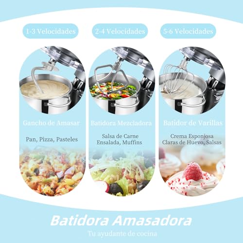 Miniatura 6 de Kitchen In The Box Batidora Amasadora Profesional, 6,2 L Amasadora De Pan De 1400 W, Robot De Cocina Con Batidor, Gancho Amasador, Batidora Mezcladora Gris