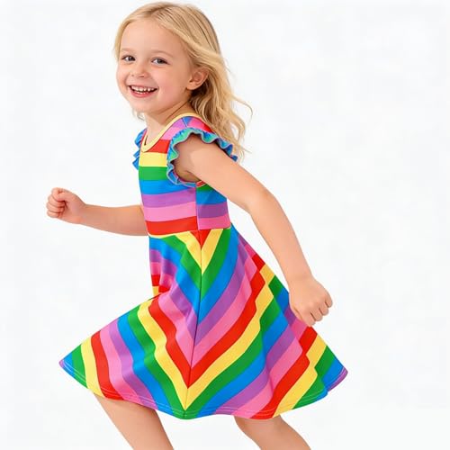 Image of Tkria Toddler Girls Rainbow Dress Striped Fall Dress Cartoon Colourful Long Sleeve Casual Dressy 2-7T