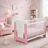 Baby Happy Bliss Babybett Kinderbett 120x60 cm aus massivem Buchenholz &ndash; 3-Fach h&ouml;henverstellbar, 3 herausnehmbare Sprossen, EN 716 gepr&uuml;ft &ndash; Wei&szlig;/Rosa, Prinzessin | Modell Kamil