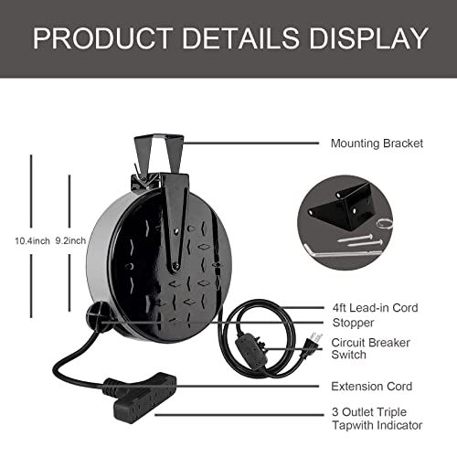 Greatide 30 Ft Retractable Extension Cord Reel, 16/3 Sjtw Power Cord With 3 Electrical Outlets And 10 Amp Circuit Breaker, Ceiling Or Wall Mount, Metal Plate, Ul Listed, Grey #TOP6