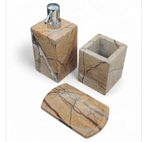 Image of Rainforest Golden Brown Marble Bathroom Accessories Set - 3-Piece Premium Set with Soap Dispenser, Tumbler & Soap Dish Weight 2500 g.