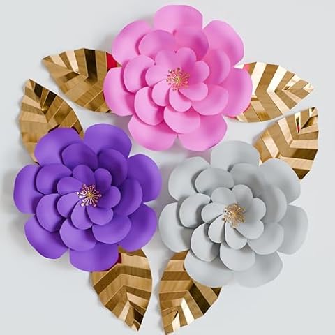 EdensDECOR 3D Paper Flower Decorations for Wall, Pink Purple Gray Flowers for Nursery Wall, Backdrops, Bridal Shower Wedding or Party Decorations (Style 2) Cover