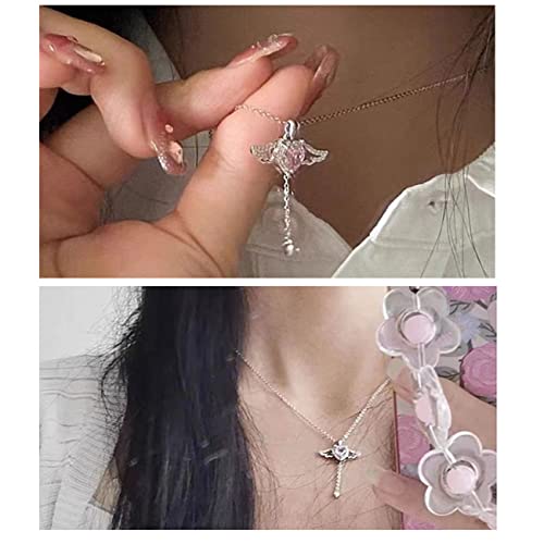 Chnlml Pink Angel Wings Necklace,Crystal Angel Wing Heart Pendant Necklace,Angel Wing Rhinestone Heart Necklace (A-2Pcs) #TOP3
