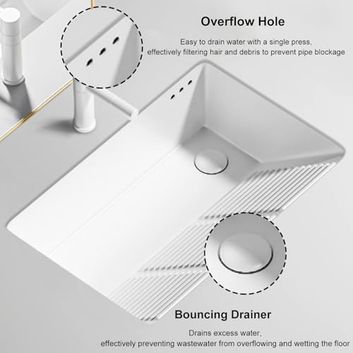 Undermount Rectangular Ceramic Bathroom Sink with Washboard, Pull-Out Faucet, Overflow & Drain Hole - Ideal for Laundry Room & Balcony (20.5"x18"x9.5")