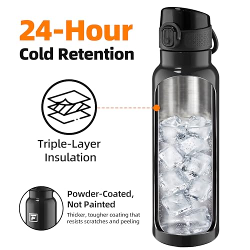 Image of Fanhaw 24 oz Insulated Water Bottle with Soft Silicone Spout Lid, Leakproof Stainless Steel Vacuum Bottle for School, Sports& Daily Use, Kids, Teens& Adults, Back to School Essentials (Glossy Black)
