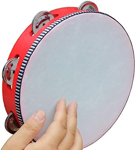 Luvay 8" Tambourine with Head - Red Wood Handheld - Single Row 6 Pairs Jingles