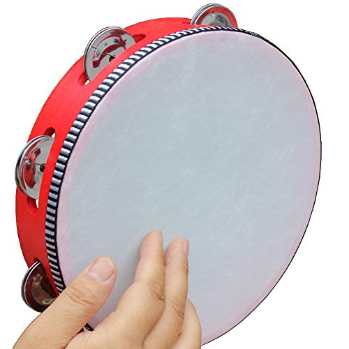 Luvay 8\" Tambourine with Head - Red Wood Handheld - Single Row 6 Pairs Jingles