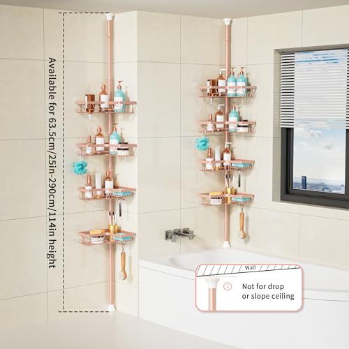 Image of KEGII Corner Shower Caddy Tension Pole - 4-Tier Rustproof Bathroom Organizer, Floor to Ceiling Shower Caddy 25-114.2 inch, No Drilling Shower Storage Rack for Shampoo, Towels (Blush Nude)
