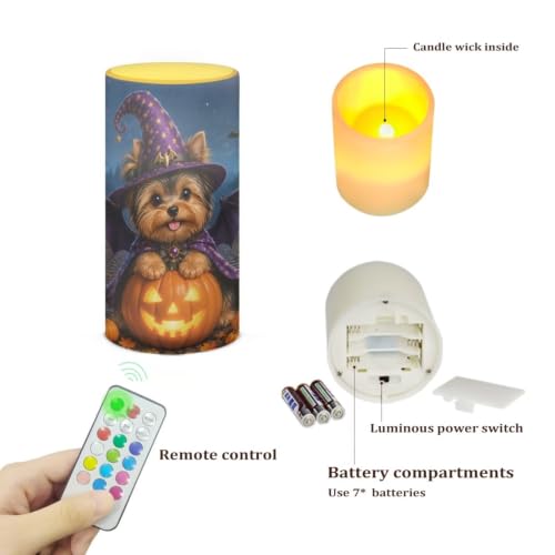 Image of Poceacles LED Flameless Candles Battery Operated Candles with Remote Control Timer Flickering Wick Pillar Tealight for Home Outdoor Halloween Decor, Wizard Hat Yorkie Dog Pumpkin Print