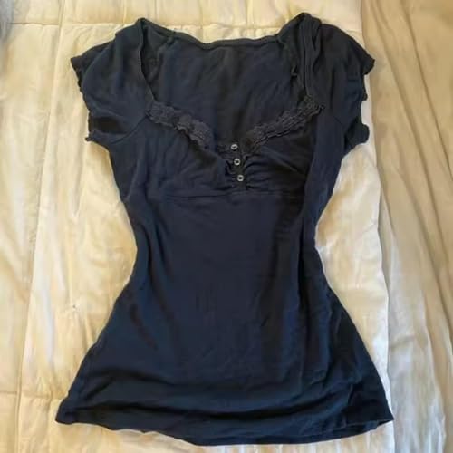 Grunge Emo Goth Shirts Y2k Lace Bow Coquette Babydoll Top Women Vintage Graphic Tee 2000s Summer Crop Top Navy Blue